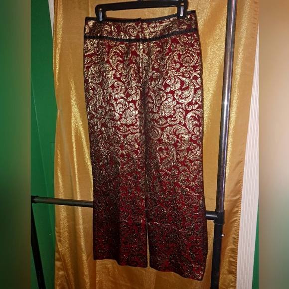 Brocade jacquard burgundy gold pants S XS holiday festive winter fall - Picture 1 of 9